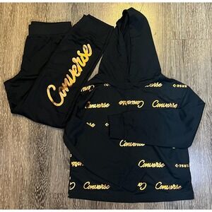 Converse Kids Black Gold Logo Print Hoodie Pants Set Size L 12 13 Years